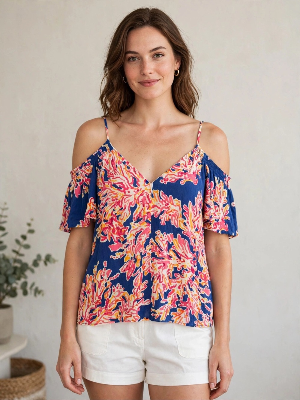 Lily Pulitzer Cold-Shoulder V-Neck Floral Print Top in Navy and Pink